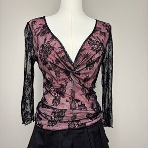 Caslon Lace Babydoll Top Women’s Size M Black Pink Feminine Romantic Y2K